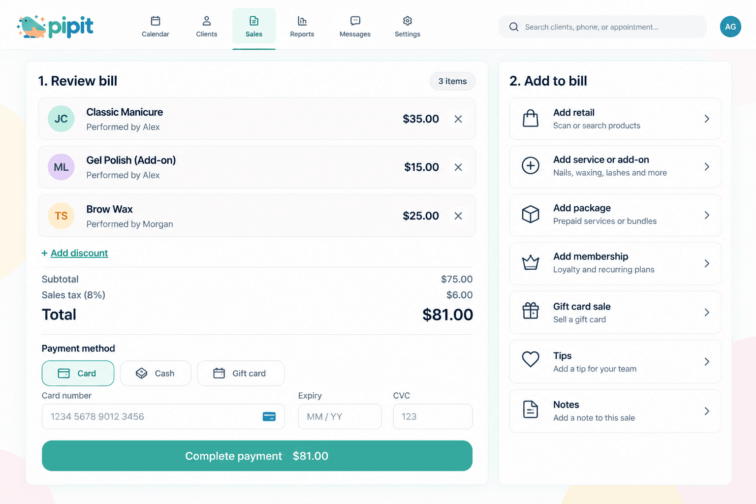 Pipit checkout interface showing services, payment options, and bill adjustments.